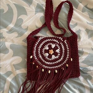 Chic Burgundy Crochet Shoulder Bag with Fringe